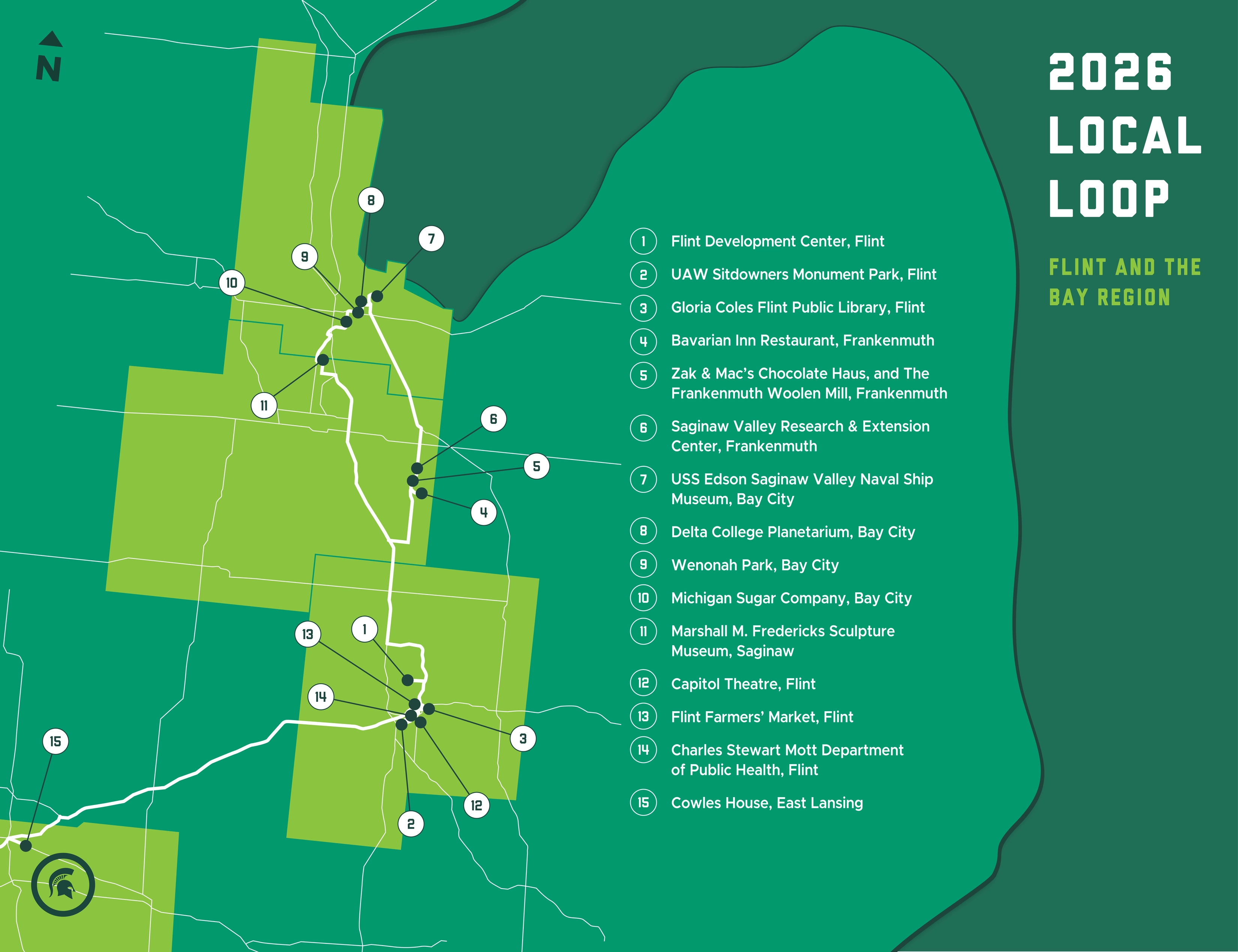 Spartan Bus Tour map showing 2026 Local Loop locations in Flint and Bay Region. Locations shown:

1. Flint Development Center, Flint;
2. UAW Sitdowners Monument Park, Flint;
3. Gloria Coles Flint Public Library, Flint;
4. Bavarian Inn Restaurant, Frankenmuth;
5. Zak & Mac’s Chocolate Haus and The Frankenmuth Woolen Mill, Frankenmuth;
6. Saginaw Valley Research & Extension Center, Frankenmuth;
7. USS Edson Saginaw Valley Naval Ship Museum, Bay City;
8. Delta College Planetarium, Bay City;
9. Wenonah Park, Bay City;
10. Michigan Sugar Company, Bay City;
11. Marshall M. Fredericks Sculpture Museum, Saginaw;
12. Capitol Theatre, Flint;
13. Flint Farmers’ Market, Flint;
14. Charles Stewart Mott Department of Public Health, Flint;
15. Cowles House, East Lansing