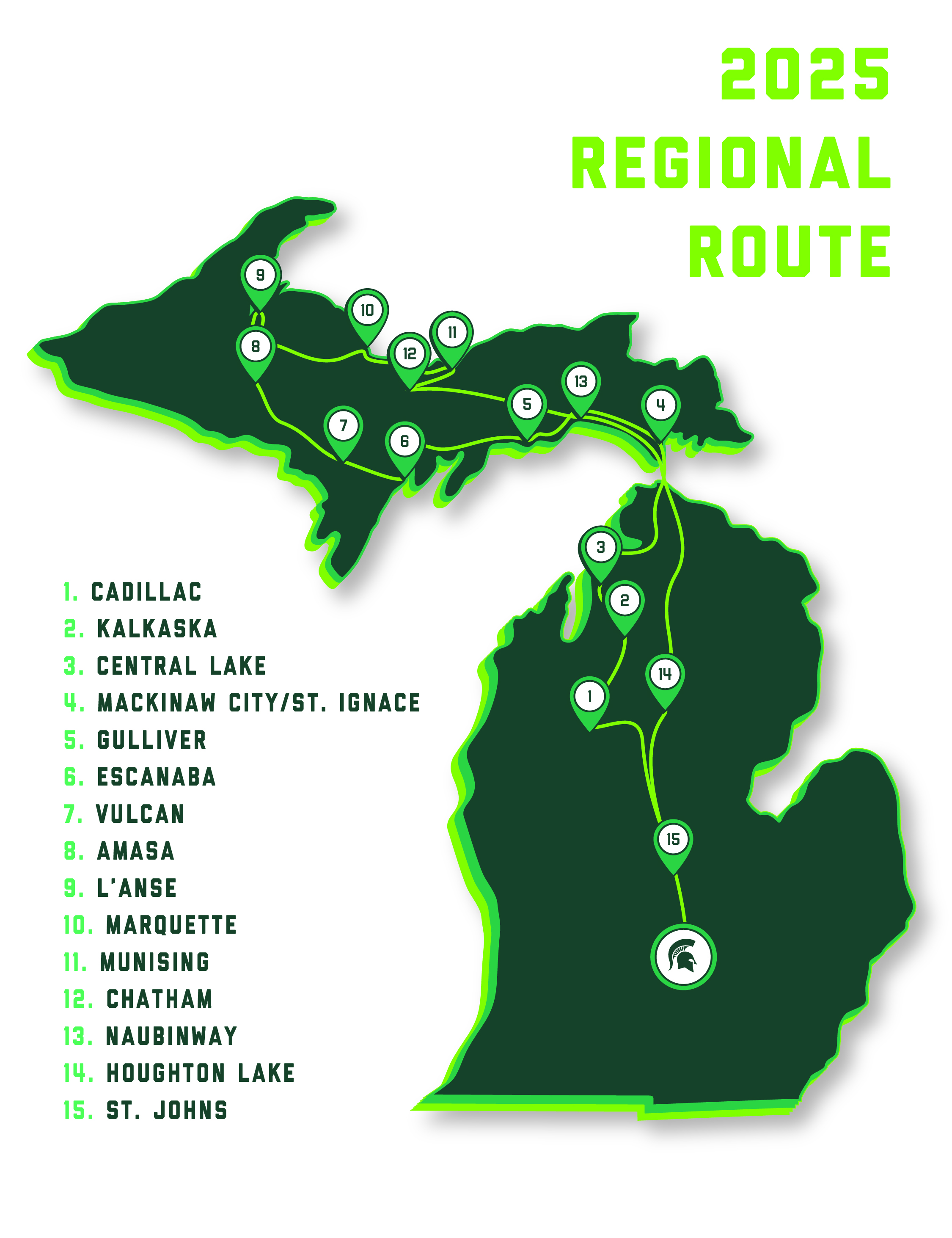 Illustrated map of Michigan's Upper and Lower Peninsula with locations marking the 2025 Spartan Bus Tour Regional Route