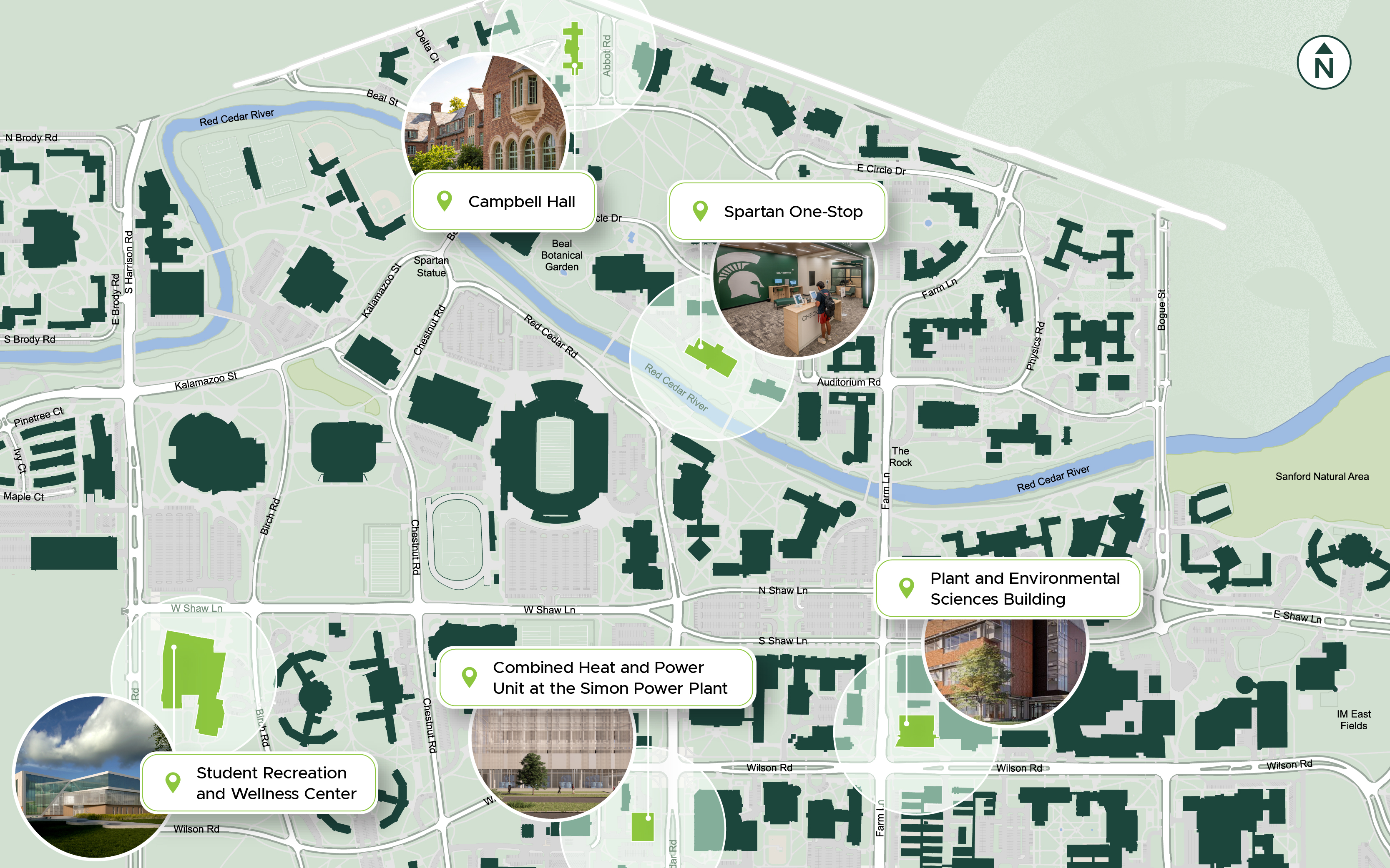 Map of the East Lansing campus of Michigan State University with call out for the Student Recreation and Wellness Center, Combined Heat and Power Unit at the Simon Power Plant, Plant and Environmental Sciences Building, Campbell Hall, and Spartan One-Stop.