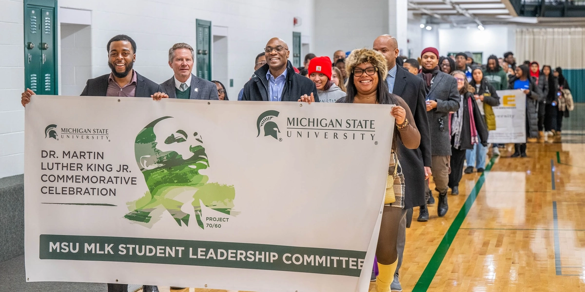 MSU leaders, students and community members marching during MLK Commemorative March
