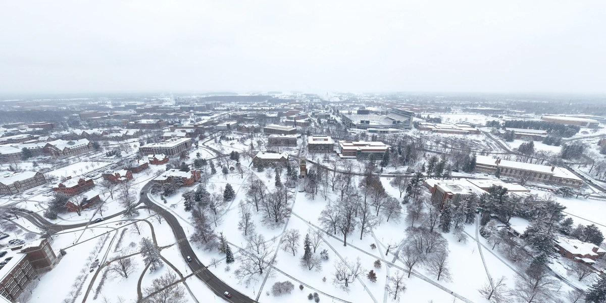 Aerial view of MSU campus from Grand River Ave., facing south towards Beaumont Tower.
