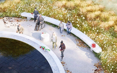 Rendering of the final Feb. 13 permanent memorial -- a circular fountain. This is a bird's eye view of the rendering with people sitting on marble benches surrounding the memorial.