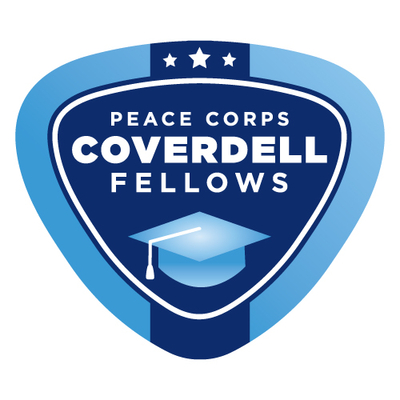 Blue and white shield-shaped logo for Peace Corps Coverdell Fellows program, featuring three stars at the top and a graduation cap icon in the center.