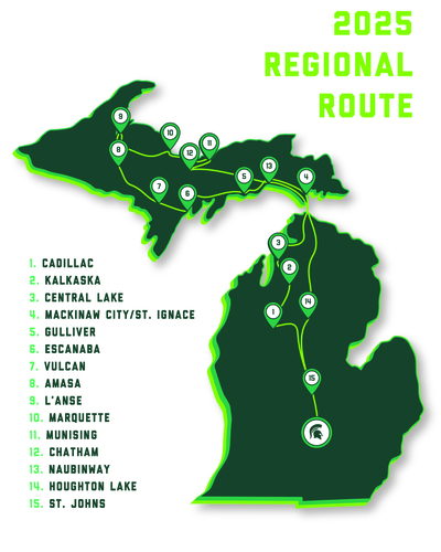 Illustrated map of Michigan's Upper and Lower Peninsula with locations marking the 2025 Spartan Bus Tour Regional Route