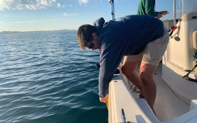 Person leaning over side of boat into the water.