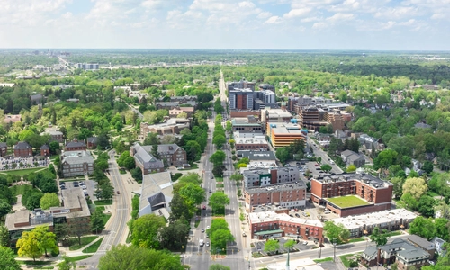 Birds-eye view of MSU and downtown East Lansing