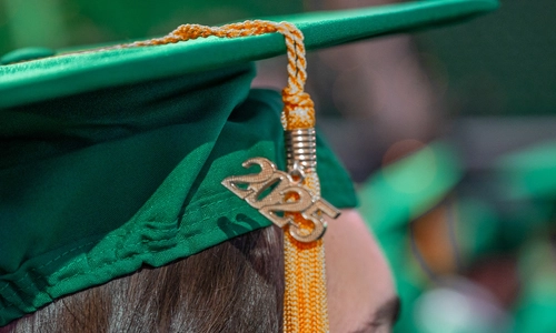 2025 tassel from a green graduation hat.