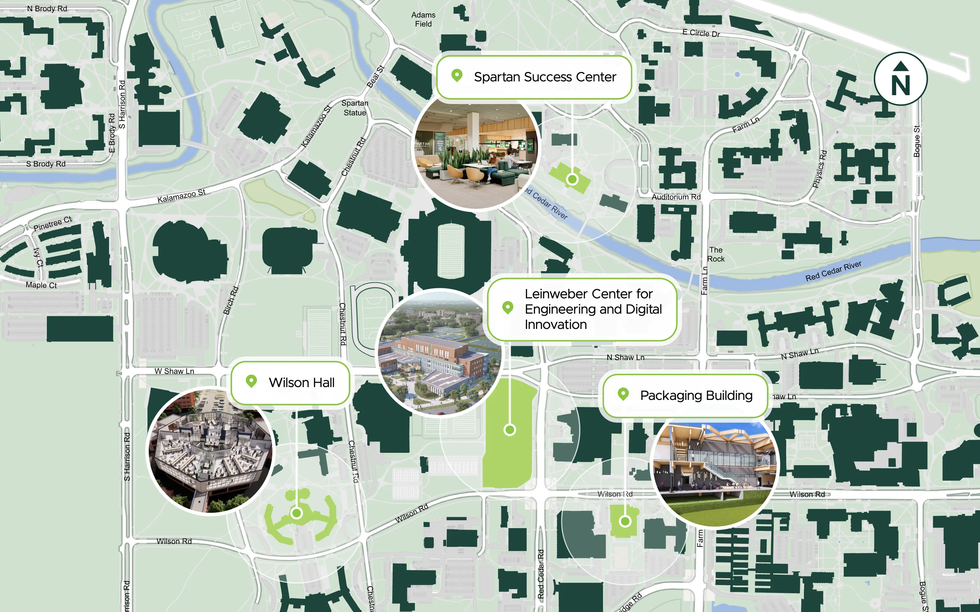Michigan State University campus map highlighting four campus locations.